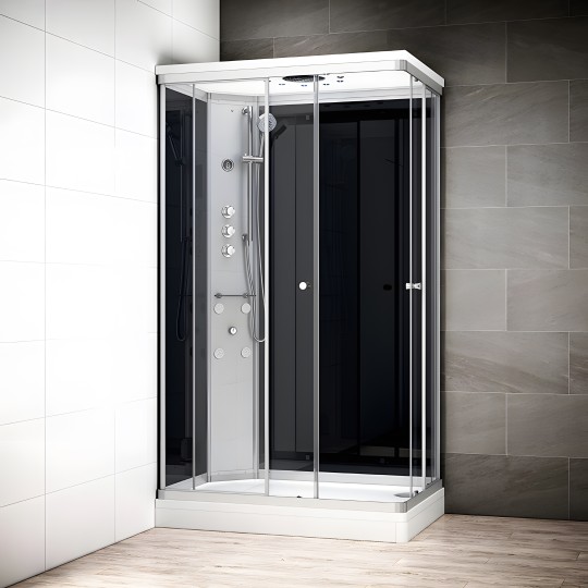 Cabine douche hydromassage SILVER rectangulaire avec accès en angle | Version gauche avec vitres noires