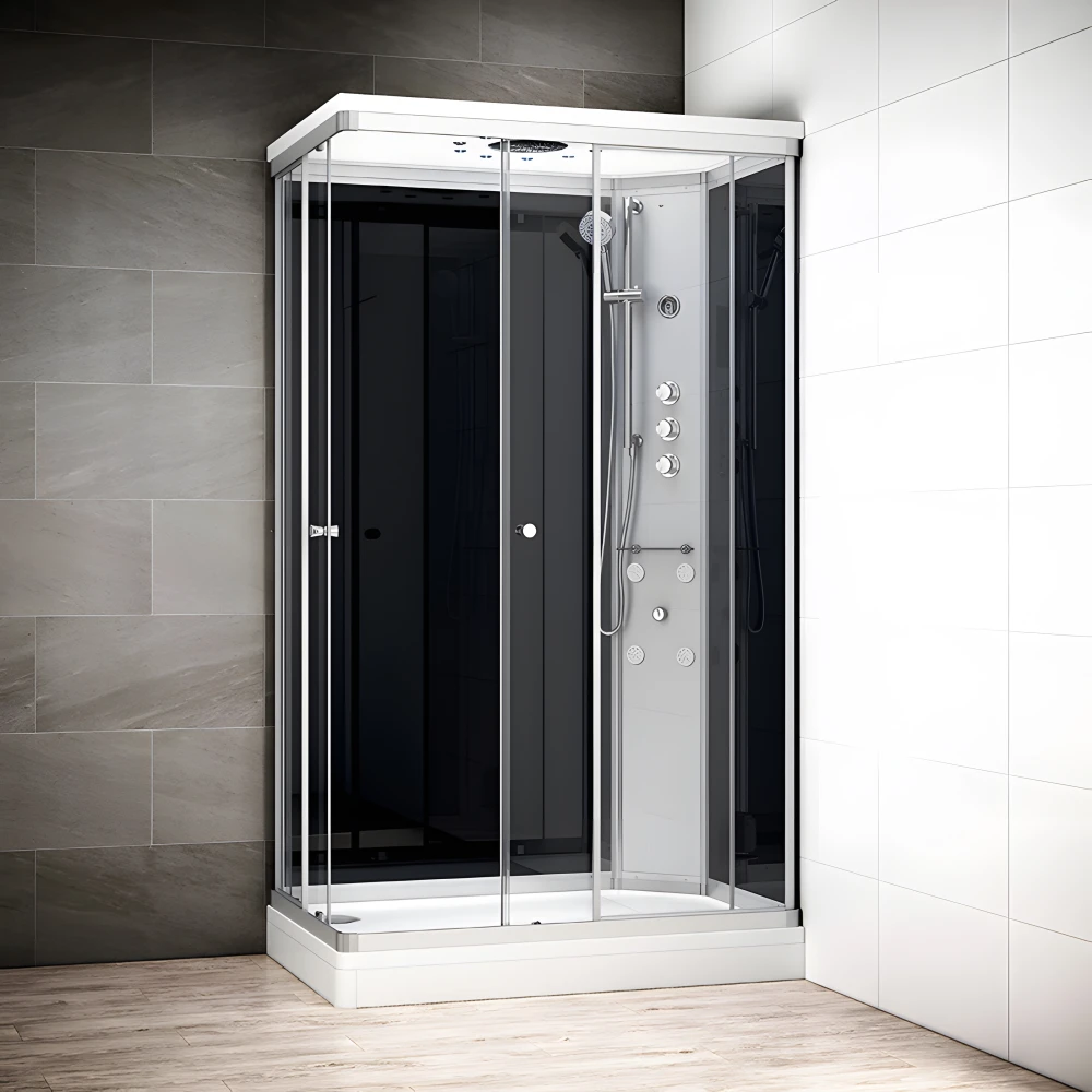 Cabine douche hydromassage SILVER rectangulaire avec accès en angle | Version droite avec vitres noires