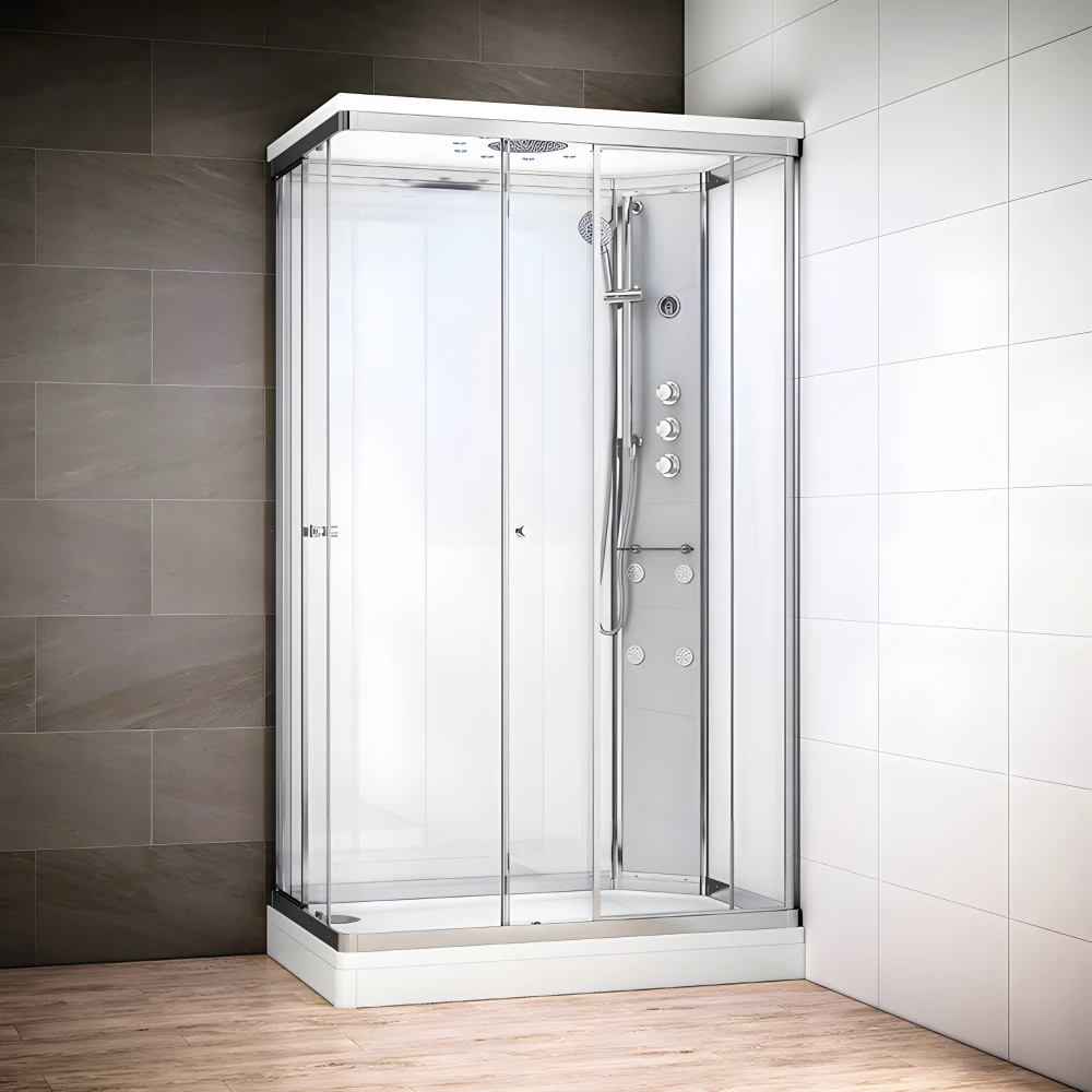 Cabine douche hydromassage SILVER rectangulaire avec accès en angle | Version droite avec vitres blanches
