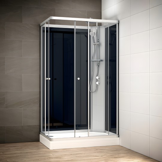 Cabine douche intégrale SILVER rectangulaire avec accès en angle | Version droite avec vitres noires