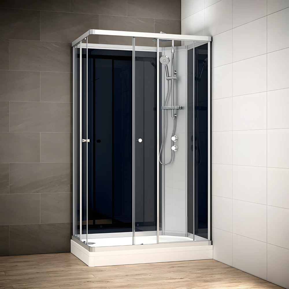 Cabine douche intégrale SILVER rectangulaire avec accès en angle | Version droite avec vitres noires
