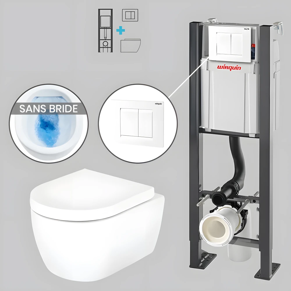 Pack WC suspendu sans bride avec bâti-support autoportant WIRQUIN PRO et plaque blanche