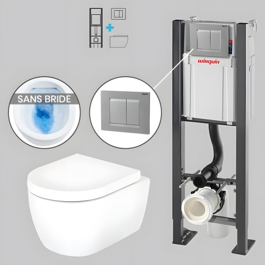 Pack WC suspendu sans bride avec bâti-support autoportant WIRQUIN PRO et plaque grise