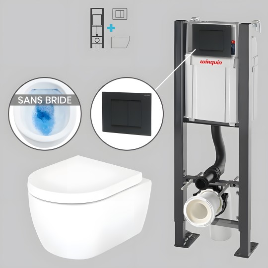 Pack WC suspendu sans bride avec bâti-support autoportant WIRQUIN PRO et plaque noire