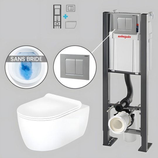 Pack WC suspendu sans bride avec bâti-support autoportant WIRQUIN PRO et plaque grise