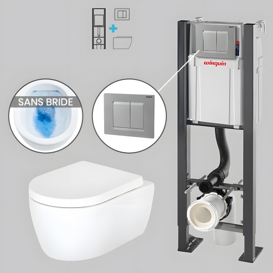 Pack WC suspendu sans bride avec bâti-support autoportant WIRQUIN PRO et plaque grise