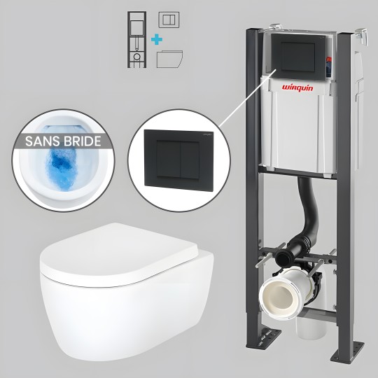 Pack WC suspendu sans bride avec bâti-support autoportant WIRQUIN PRO et plaque noire