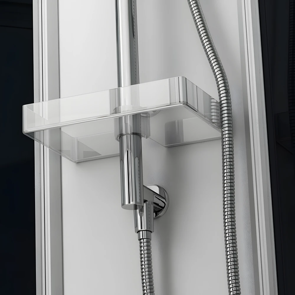 Tablette de rangement et flexible douchette en inox avec système anti-torsion