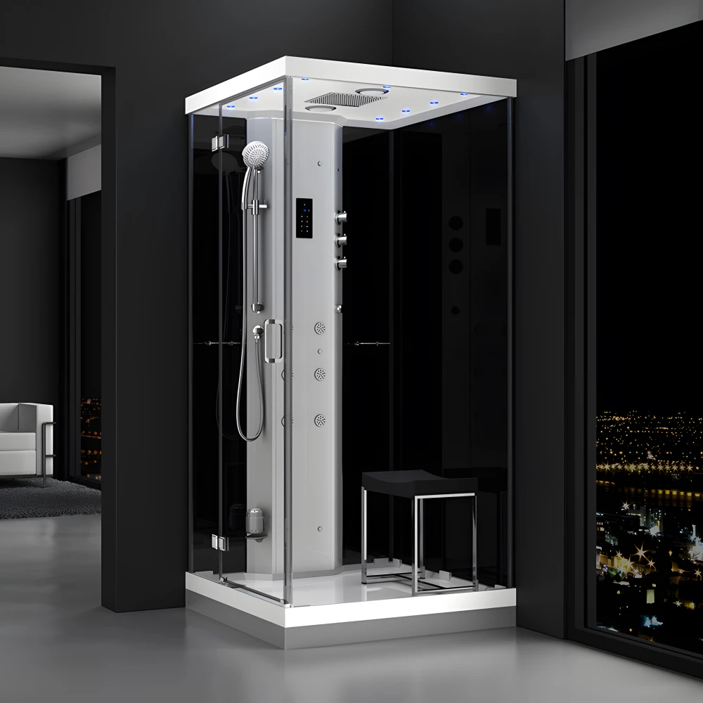 Cabine douche hammam URBAN 100x100cm (version gauche) avec verres noirs sur 2 côtés