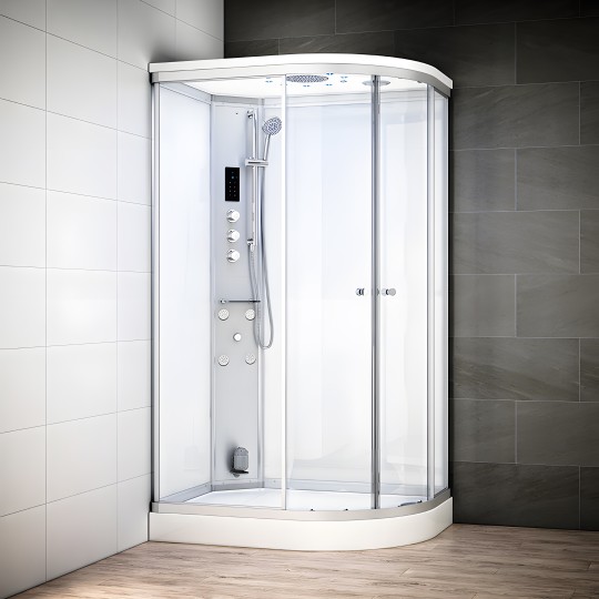 Cabine douche hammam SILVER asymétrique | Version gauche avec vitres blanche